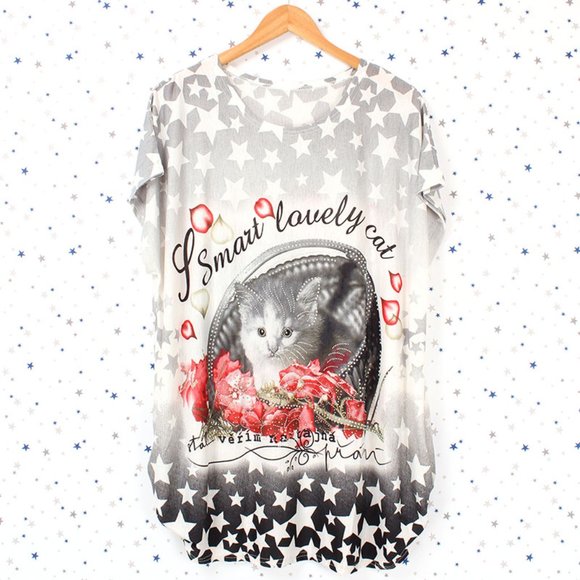 Tops - Rhinestone Graphic Top Cat Print